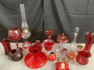 Vintage Red Glassware: Oil Lantern, Vases, Bowls, Bells, Pitchers, Decanter, Glasses, Dishes, Plus More