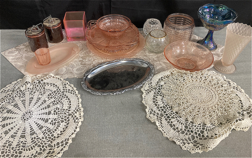 Pink Glassware and Lace Throws- Platters, Candle Holders, Bowls, Vase, Plus More