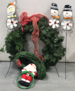 (1) Christmas Wreath with Red Bow, (2) Snow Man Yard Decor, (1) Santa Claus Yard Decoration , and more