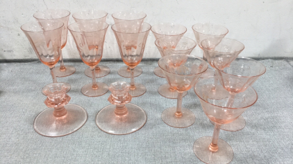 (13) Etched Pink Depression Goblets in 2 Sizes, (2) Matching Pink Candle Holders