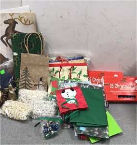 (1) Maroon and Gold Glitter Ordaments, (2) Christmas Lights In Orginal Box (Works) Christmas Bags and Gift Fillers/Papers, (3) Decoration Pearls, and more