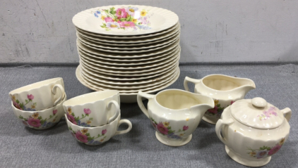 Matching Floral Design Dishware: (17) Bowls, (4) Tea Cups, (2) Milk Pitchers, (1) Sugar Pot