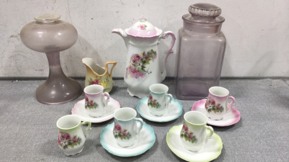 Matching Tea Pot w/ (6) Cup and (5) Saucers, (2) Purple Glass Jars, Decorative Pouring Cup