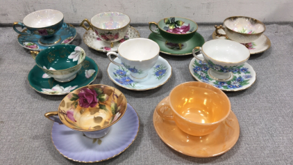 (9) Decorative Tea Cups w/ Matching Saucers