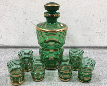 Bohemian Green and Gold Glass Decanter w/ (6) Glasses