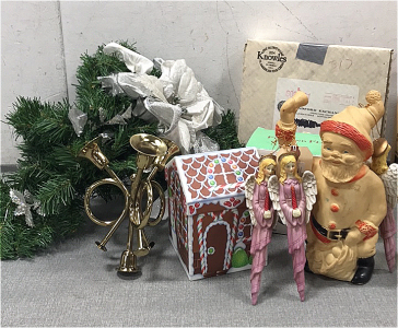 (1) Fitz and Floyd Woodland Snowman Salt and Pepper, (1) Vintage Christmas Doll, (1) Decorative Wreath with a White Bow, (3) Vintage glass Pink Angels and more