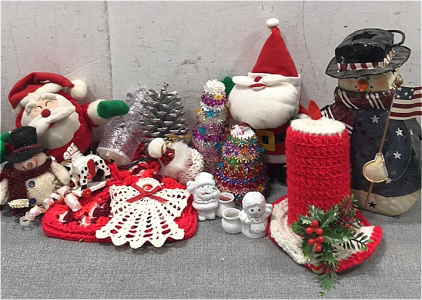 (1) Decoration Snowman With American Flag, (2) Decorative Santa Claus Dolls, (2) Christmas Candle Holder, and more