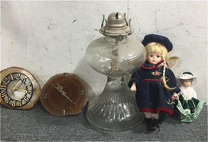 (1) Vintage Glass Oil Lamp,(2) Glass Crystal Clocks, (2) Vintage Decorative Dolls