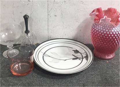 (1) Glass, Clear, Bowl Cup, (1) Tinted Pink Glass Cup, (1) Christmas Bell, (1) Decorative Pink Vase, (1) Decorative Black Plate