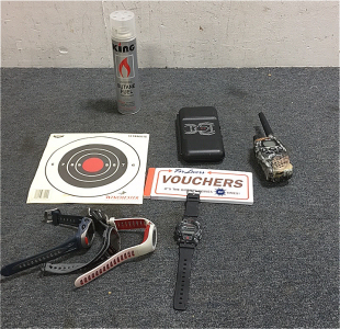 (4) Mens Wrist Watches (1) Silver Widow Dart Set (1) Midland Xtra Talk 2-Way Radio (1) Book of Vouchers For lovers (18) Winchester Gun Targets (1) Bottle of king Butane Fuel