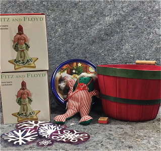 (2) Fitz and Floyd Moon Beams Candleholders, Mixed Christmas Themed Window Decal, (1) Christmas Stuffed Toy, (1) Christmas Storage Container, (1) Christmas Storage basket