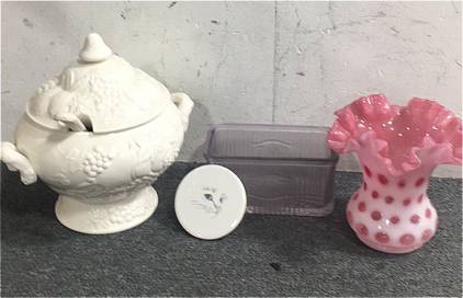 (1)Tinted Purple Glass Butter Tray, (1) Pink Decorative Vase, (1) White Glass Serving Bowl (and Spoon), (1) Glass White Cat Cup Coaster