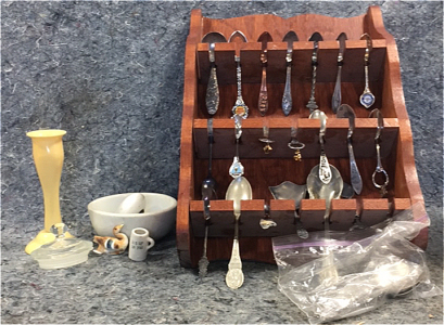 (1) Decorative Spoon Holder With Various Fancy Collectible Spoons and more