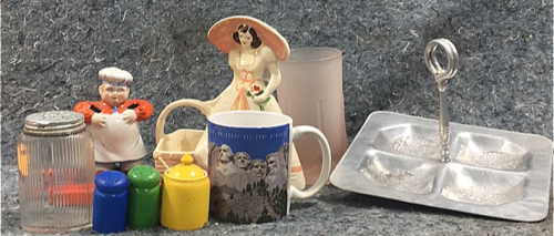 (2) Small Salt shakers, (1) Large Salt Shaker, (1) Decorated Cup, (1) Tinted Glass cup, and more