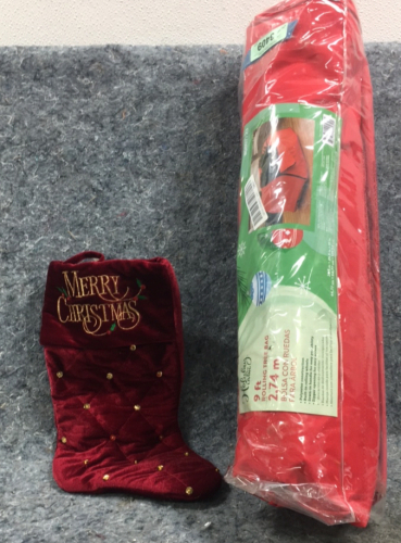 (1) Holiday Living Rolling Tree Bag- 9ft, (1) Dark Red and Gold Christmas Stocking