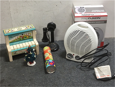 (1) Fisher Price Vintage Chang-A-Tune Piano (1) Vintage Toy Phone (1) Kaleidoscope (1) Pro Fusion 1500 Watt Fan Forced Heater With Thermostat