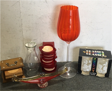 (2) Vintage Coaster Sets (1) Very Large Red Drink Glass (1) Unique Glass Ashtray (4) Anchor Hocking Gold Rim Glasses