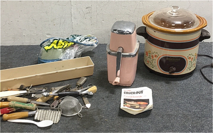 (1) Vintage Rival Crockpot (1) Pink Vintage Sears Ice Crusher (1) Sunbeam Vintage Clothes Iron (1) Tray Of Vintage Silverware