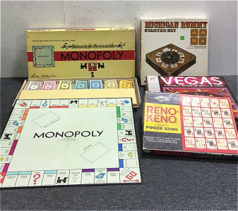 (1) Vintage 1951 Monopoly Board Game (1) E.s Lowe Michigan Rummy Starter Set (1) Milton Bradley Vintage Vegas Board agame (1) E.S Lowe Reno-Keno Board game