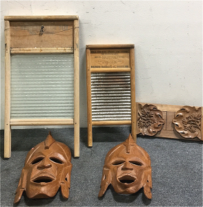 (2) Antique Washboards (2) Native American Art Wooden masks (1) Small Adjustable Wood Shelf