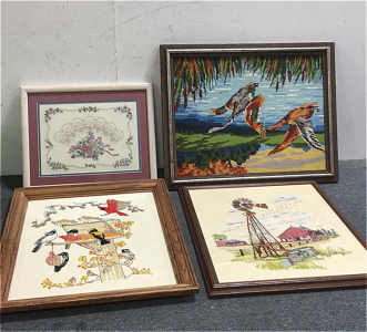 (4) Wood Frame Cross Stitch Art Pieces