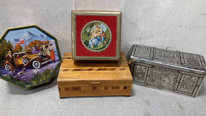 Wooden Box And (3) Tins