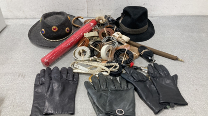 (19) Belts (3) Pair Leather Gloves (2) Unbrellas And (2) Hats