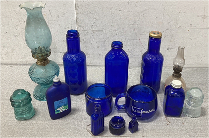 Vintage Colbalt Blue Glass Bottles, Turquoise Glass Oil Lamp, Hand Painted Oil Lamp And Glass Insulators
