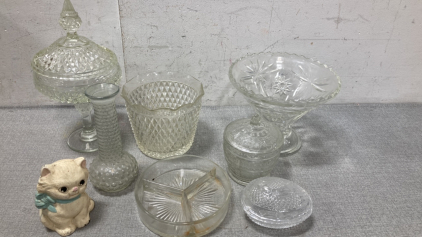 Vintage Indiana Glass Diamond Clear Pedestal Candy Dish, Vase, Avon Mother&rsquo;s Day Egg, And More