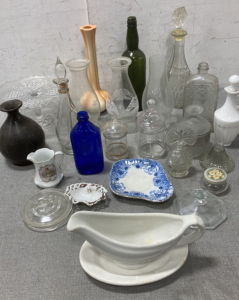 Decanter, Oul Lamp Shades, Gravy Boat And Other Glass Items