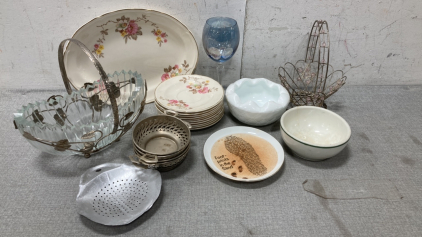 Serving Platter, Saucers, Glass With Wire BasketAnd More