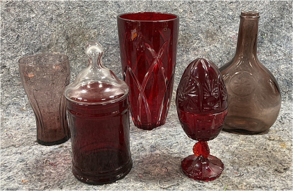 Vintage Victorian Trading Co. Ruby Glass Egg, Ruby Vase, Ruby Jar, Purple Coca-Cola Glass And Glass Boro Glass Bottle