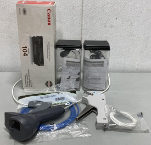 (1) Canon Cartridge 104, (2) Super S3 Key Locking Devices, (1) CAT 6 Cord, (2) Sensormatic Tools