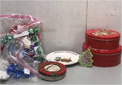 L(3) Bags of Various Gift Bows, (1) “Cookies For Santa” Glass Plate, (2) Christmas Bins Filled With Various Smaller Bins, and more