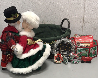 (1) Dancing Mr. & Mrs. Claus (No Batteries Unable To Test) (1) Decoration Green Christmas Basket, (1) Silver 9ft Decoration Garland, and more