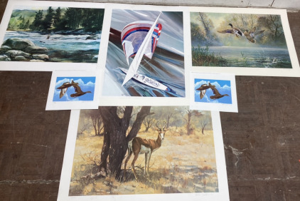 (2) Francis Golden Signed Fly Fishing Print (2) Sets Of Signed Malard Prints (1) Signed Cudu Print (4) Sail Boat Prints
