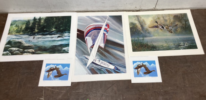 (2) Francis Golden Signed Fly Fishing Print (2) Sets Of Signed Malard Prints (4) Sail Boat Prints