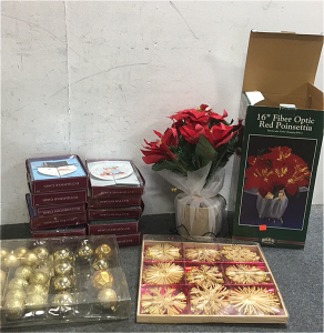 (1) Holiday Seasons 16” Fiber Optic Red Poinsettia (9) Vintage Christmas Ornaments (20) Vintage Glass Ball Christmas Decorations (110) Pop Up Christmas Cards