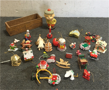 (28) Vintage Christmas Tree Decorations And Ornaments (1) Vintage Scotsman Bobblehead Made in Japan (1) Kraft Swiss Cheese Wood Advertising Box