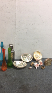 (9) Ocean Seashells And Coral Pieces (2) Vintage Liquor Bottles (2) Vintage 12&rdquo; Flower Vases