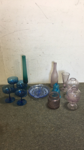 (4) Blue Glass Wine Glasses (1) Blue Glass Candy tray (1) Blue Glass Flower Vase (4) Pieces Of Purple Glassware (1) Kerr Economy 1903 Purple glass Jar