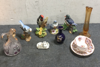 (4) Porcelain Birds By Andrea (1) Lennox Fine Porcelain Wood Duck (1) Paragon Plate And Tea Cup Set (1) Dollhouse Porcelain Tea Set (2) Glass Vases