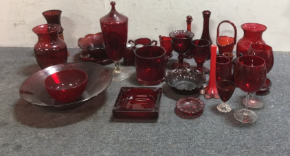 Huge (28) Piece Lot Of Red Glassware Glasses, Ashtrays, and More
