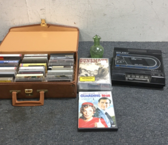 (1) Soldex VHS Cassette Winder Machine (1) gunsmoke Seasons 1-4 DVD Set (1) Guarding Tess DVD (1) Vintage (24) Cassette Tape Storage Box with (20) Various Cassette Tapes