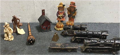 (4) Vintage Metal Electric Trains (2) Fall Scarecrow Candle Holders (2) Small Cowboy Sculptures and more