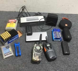 (1) Bose Speaker With Remote (25) Magtech 9MM Cartridges (1) Midland Extra Talk 2-Way Radio (1) Motorola FR50 Radio (1) Benchmade Blue Bix Tool Set (1) JBL Wireless Speaker (2400) Daisy Bb’s (1) Morphue Portable Battery