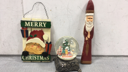 Christmas Items: Snow Globe w/ Music, Wood Santa, Santa Sign