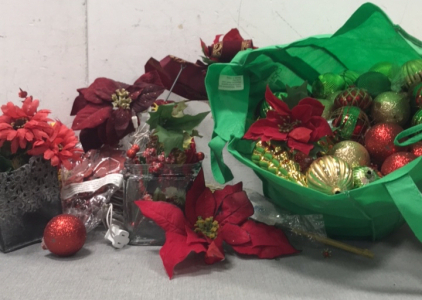 (1) Bag of Assorted Red and Gold Ordaments, Fake Red and Maroon Decoration Flowers and leafs, and more