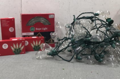 (1) Wintr WonderLane 18ft Clear Rope light new in packaging, (3) Ashalnd Christmas Clary Christmas Lights 8.9ft, (1) Clear Bulb Christmas Lights (tested and work)