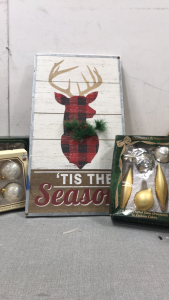 (1) ‘Tis The Season Reindeer Sign, (1) Christmas Trimmeries 6 Handcrafted Glass Ordaments in Fashion Colors, (1) 3 pack of Glittery White and Gold Ordaments , and more